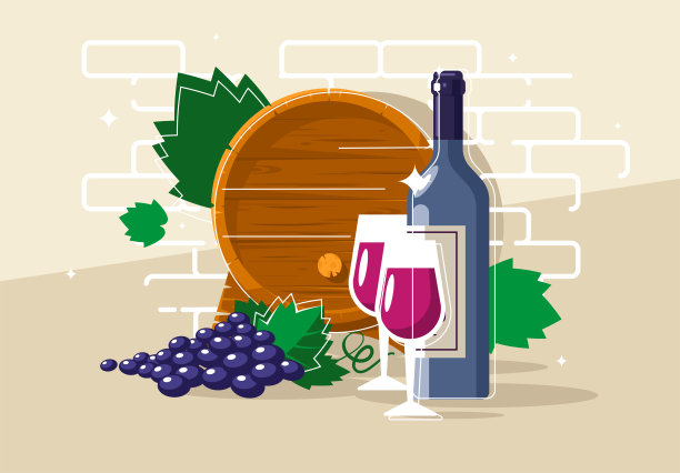 矢量图像的酒桶，葡萄酒瓶与葡萄藤，酒杯与饮料图片下载