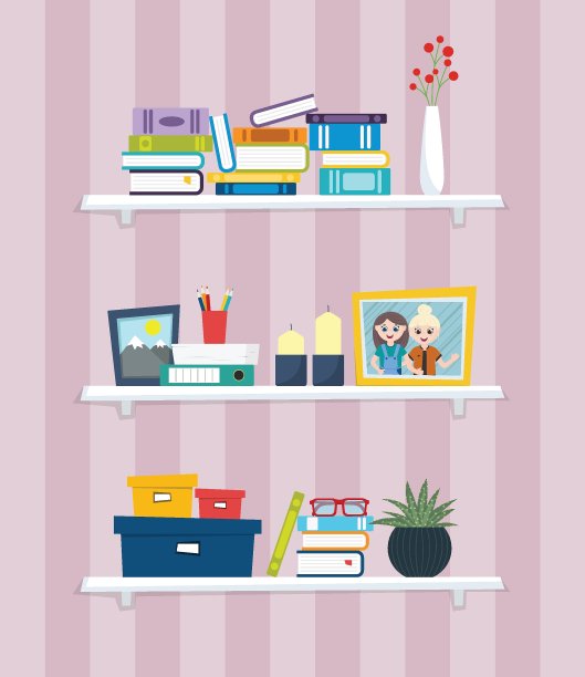 矢量插图书架与彩色的书，文具，盒子，蜡烛，相框图片下载