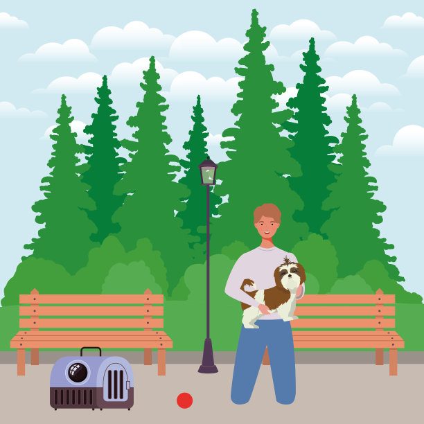 年轻人和可爱的狗吉祥物在公园里图片下载