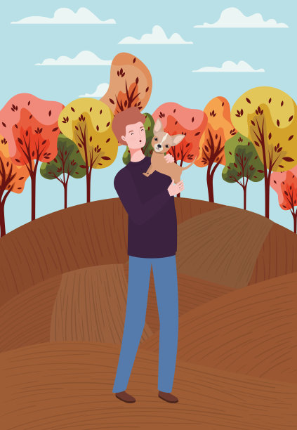 在秋季夏令营里，年轻人和可爱的狗吉祥物图片下载