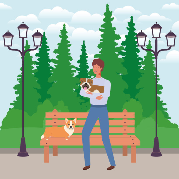 年轻人和可爱的狗吉祥物在公园里图片下载
