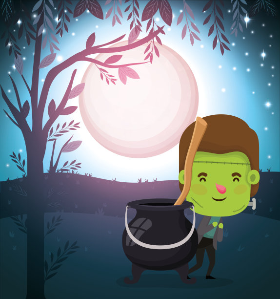 万圣节季节的场景与男孩服装弗兰肯斯坦图片下载