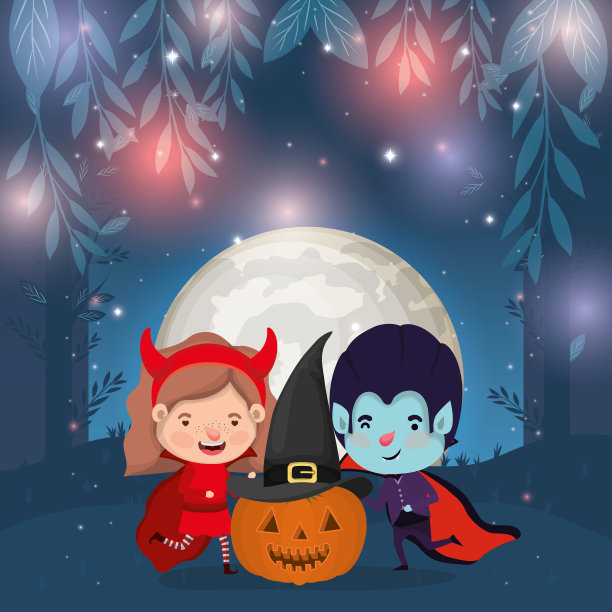 万圣节卡片与孩子在黑暗的夜晚场景图片下载