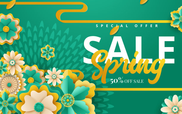 春季销售横幅模板与剪纸框架。剪纸风格，矢量插图图片下载