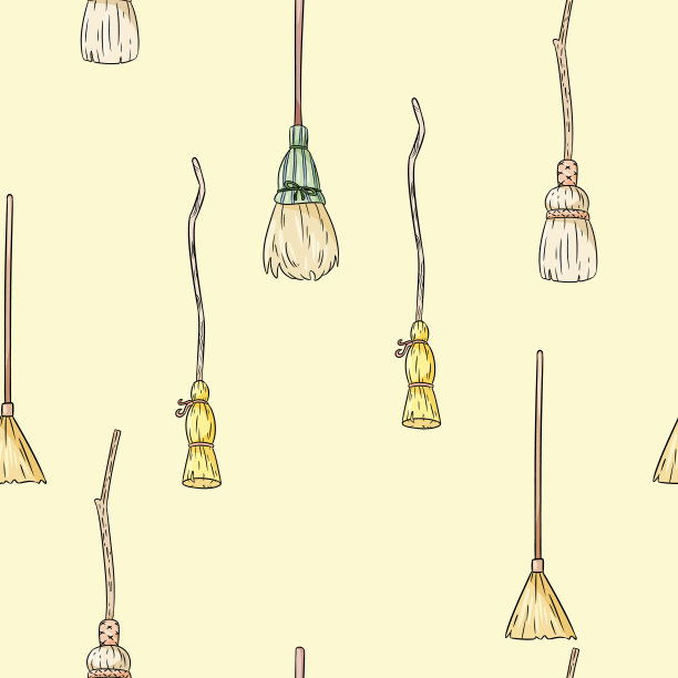 可爱的飞天扫帚无缝涂鸦图案。万圣节装饰魔法扫帚的背景纹理瓷砖图片下载