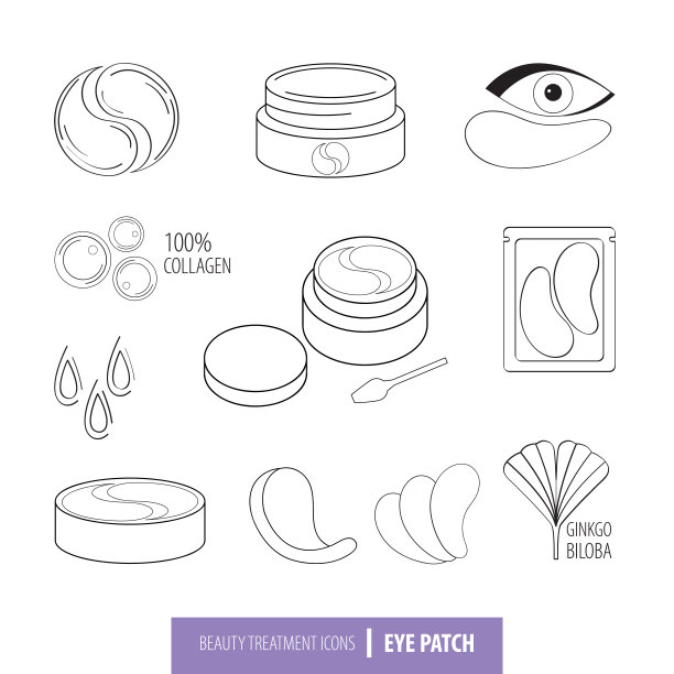 美容化妆品线艺术图标集。胶原眼膜载体。韩国化妆品。眼罩，胶原蛋白，银杏叶，包装贴片。孤立的对象。黑白画线图片下载