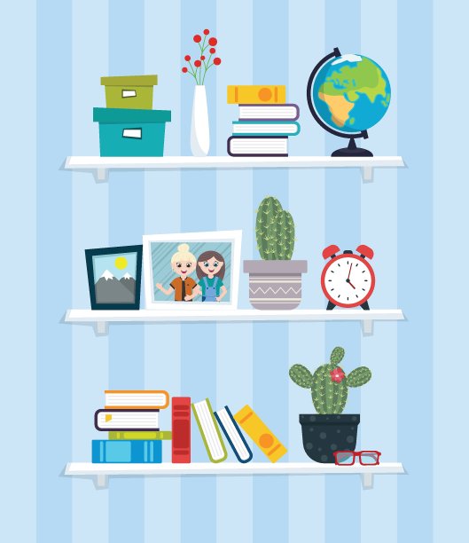 书架上的书籍，相框，仙人掌，盒子和地球仪设计风格的平面图片下载