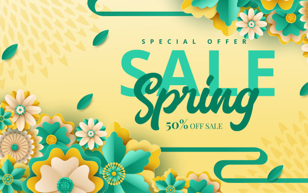 春季销售横幅模板与剪纸框架。剪纸风格，矢量插图图片下载