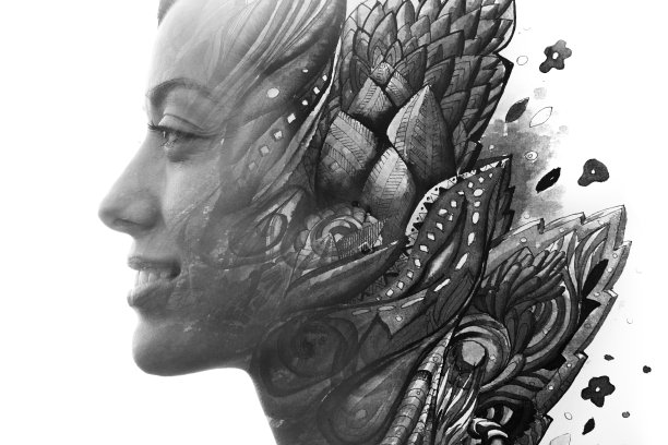 Paintography。一个年轻的自然美人的双重曝光profile，与脸和头发结合手绘树叶溶解到背景，黑色和白色图片下载