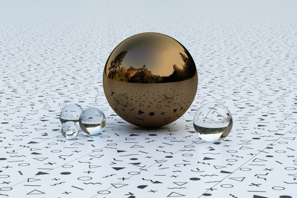 带有孟斐斯图案环境的几何形状反映在球体上。三维渲染图片下载