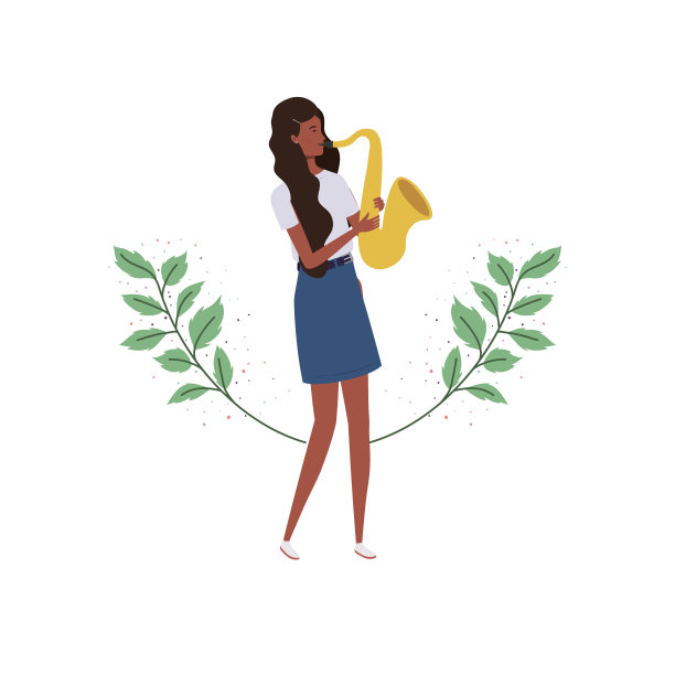 女人拿着萨克斯管，背景是树枝和树叶图片下载