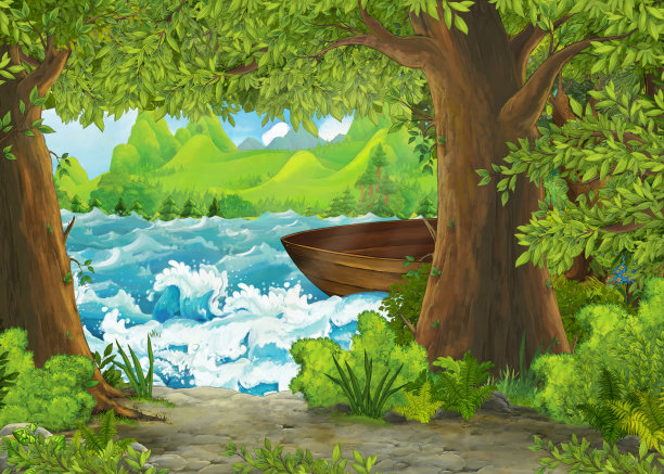 卡通场景的美丽海岸或海滩附近的海洋或海边的一些森林与空渔船漂浮图片下载