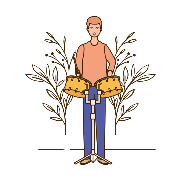 男子与定音鼓和树枝和树叶为背景图片下载