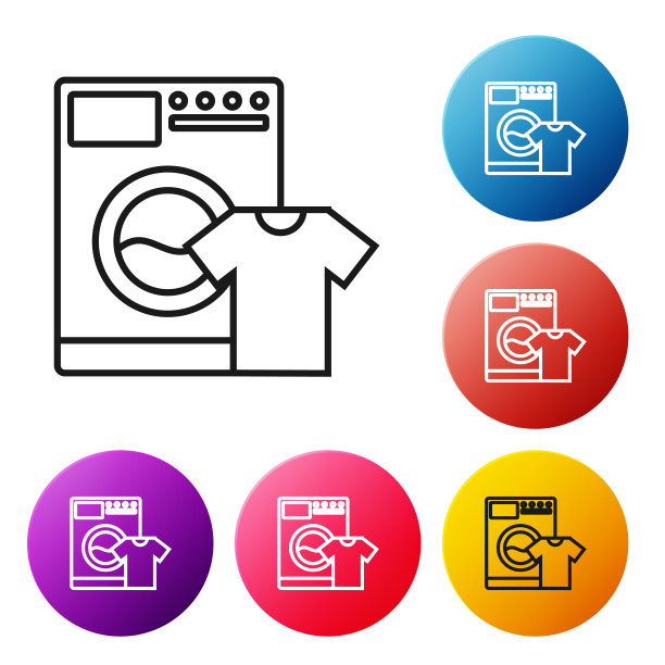 黑色线洗衣机和t恤图标隔离在白色背景。洗衣机图标。洗衣机，洗衣机。家电的象征。设置彩色圆形按钮图标。矢量图图片下载