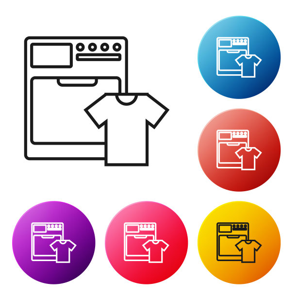 黑色线洗衣机和t恤图标隔离在白色背景。洗衣机图标。洗衣机-洗衣机。家电的象征。设置彩色圆形按钮图标。矢量图图片下载
