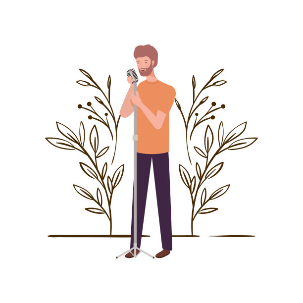 拿着麦克风的男人，背景是树枝和树叶图片下载