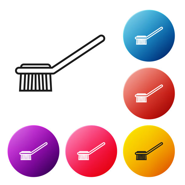黑色线条马桶刷图标隔离在白色背景上。设置彩色圆形按钮图标。矢量图图片下载