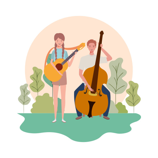 几个人带着乐器和背景景观图片下载