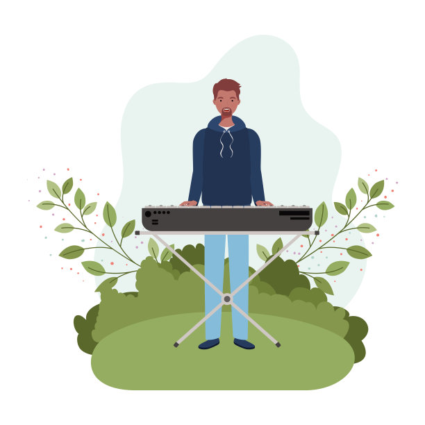 男人带着钢琴键盘，背景是树枝和树叶图片下载