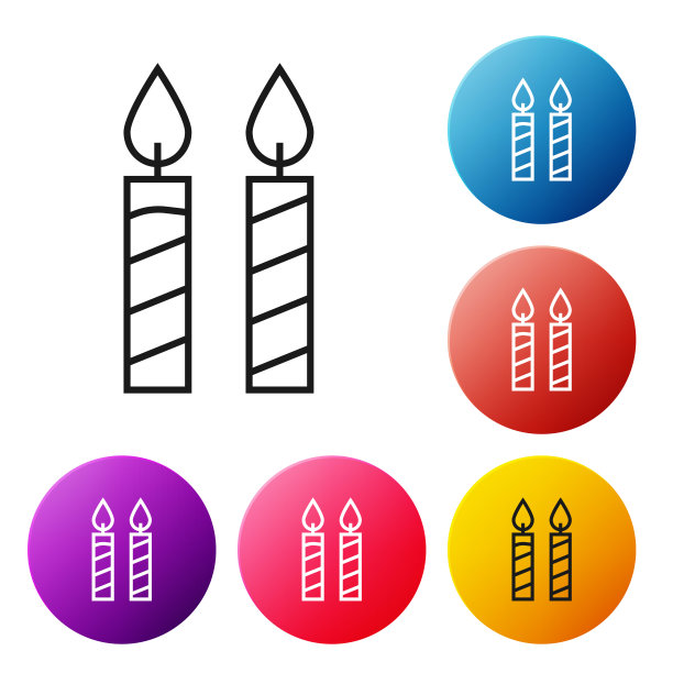 黑色线生日蛋糕蜡烛图标孤立在白色背景。设置彩色圆形按钮图标。矢量图图片下载
