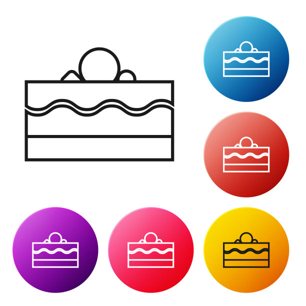 黑色线蛋糕图标孤立在白色背景。生日快乐。设置彩色圆形按钮图标。矢量图图片下载
