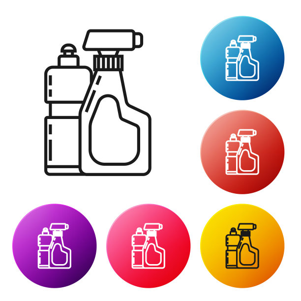 黑色线塑料瓶液体洗衣剂，漂白剂，洗碗液或其他清洗剂图标隔离在白色背景。设置彩色圆形按钮图标。矢量图图片下载