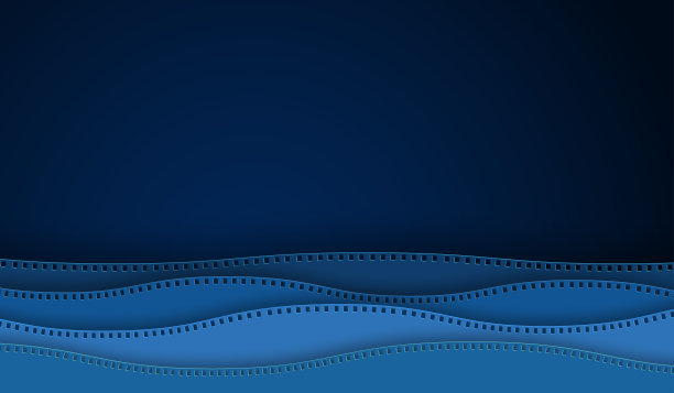 波浪电影胶片带纸切割孤立在蓝色背景。35毫米相机底片设计布局电影海报，横幅，传单，宣传册，封面。近距离观看电影与您的文本空间图片下载