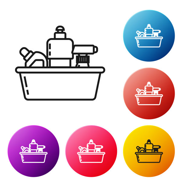 黑色线塑料瓶液体洗衣剂，漂白剂，洗碗液或其他清洗剂图标隔离在白色背景。设置彩色圆形按钮图标。矢量图图片下载