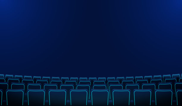 现实的一排排蓝色椅子电影院或电影院的座位在黑暗中。电影院礼堂及电影院空景设计。矢量平面风格卡通插图。电影首映式海报。图片下载
