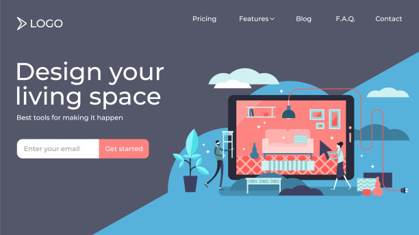 室内平面微小人物矢量插图登陆页模板设计图片下载