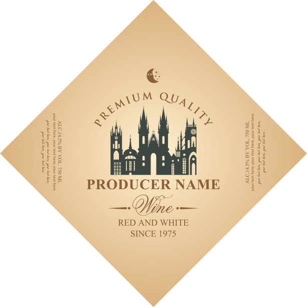 钻石形状的葡萄酒标签与古老的欧洲城镇图片下载