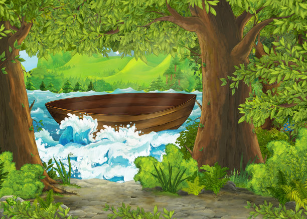 卡通场景的美丽海岸或海滩附近的海洋或海边的一些森林与空渔船漂浮图片下载