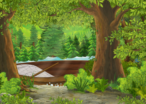 卡通场景的美丽海岸或海滩附近的海洋或海边的一些森林与空渔船漂浮图片下载