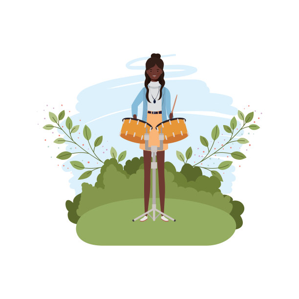 女人与定音鼓和树枝和树叶的背景图片下载