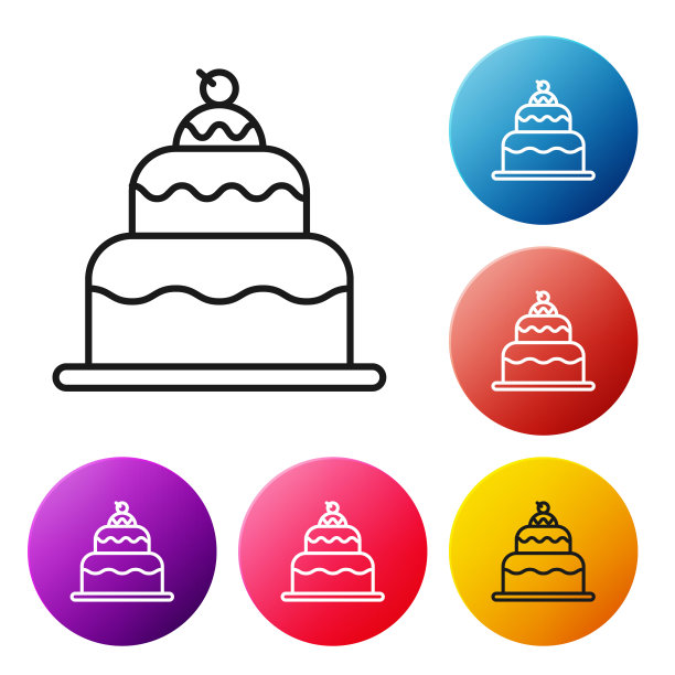 黑色线蛋糕图标孤立在白色背景。生日快乐。设置彩色圆形按钮图标。矢量图图片下载