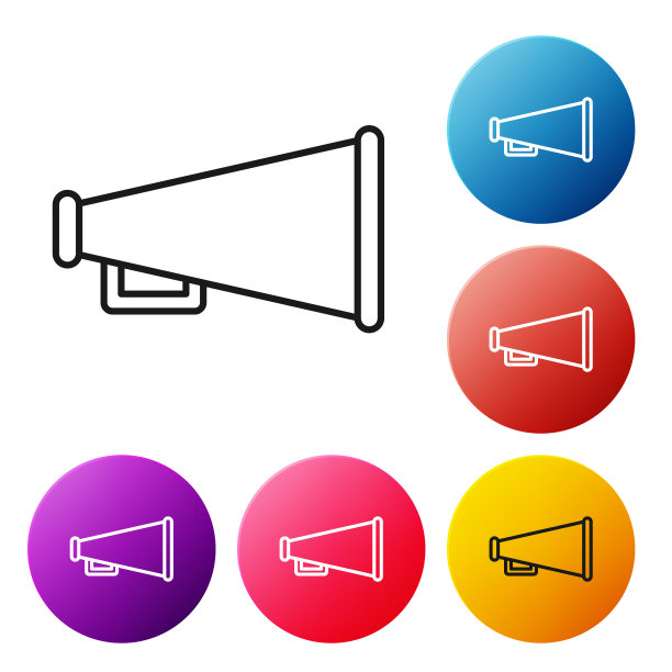 黑线扬声器图标孤立在白色背景。演讲者的迹象。设置彩色圆形按钮图标。矢量图图片下载