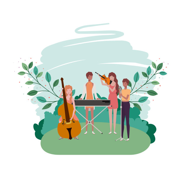 妇女与乐器和背景景观图片下载