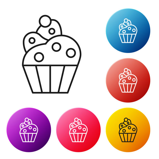 黑线纸杯蛋糕图标孤立在白色背景。设置彩色圆形按钮图标。矢量图图片下载