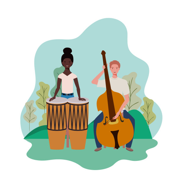 几个人带着乐器和背景景观图片下载