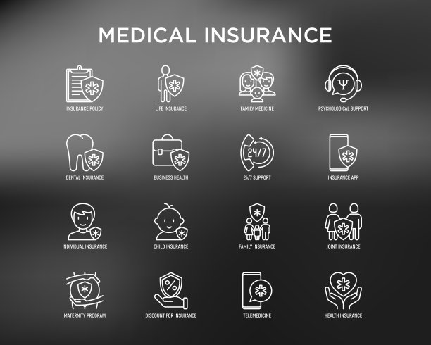 医疗保险细线图标集:政策、人寿保险、心理支持、生育计划、24/7支持、移动app、远程医疗。现代向量插图。图片下载