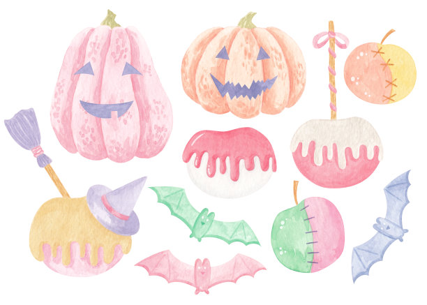 设置水彩插图万圣节trick or treat设计元素:饼干，南瓜，女巫帽和更多。适合邀请，儿童设计，包装和纺织。图片下载