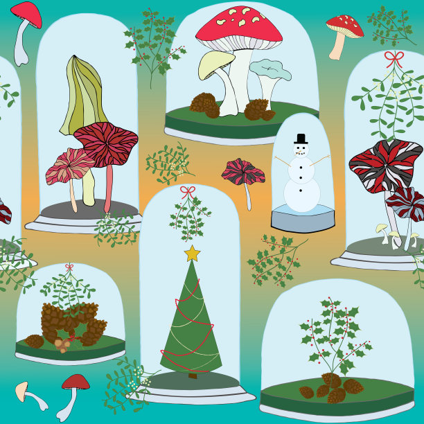 玻璃铃铛下的蘑菇和装饰品图片下载