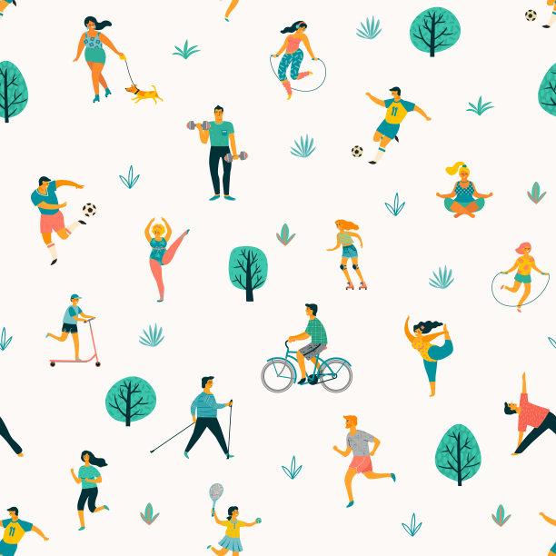 世界卫生日。向量无缝模式与人们引领积极健康的生活方式。图片下载
