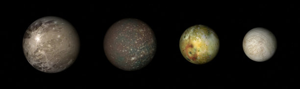 木星的主要卫星:木卫三，木卫四，木卫一和木卫二。图片下载