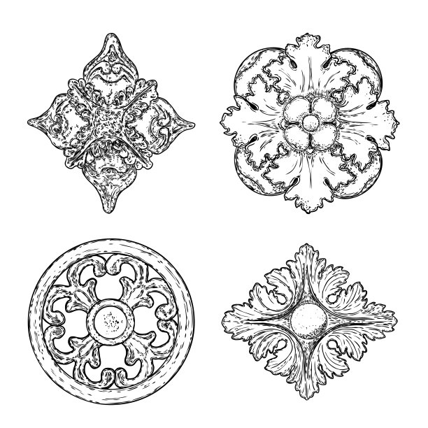 一套巴洛克复古风格的花圆形和菱形或方形设计元素。大理石玫瑰花结绘制的时尚图案在黑色白色的纺织品，围巾，背景。向量。图片下载