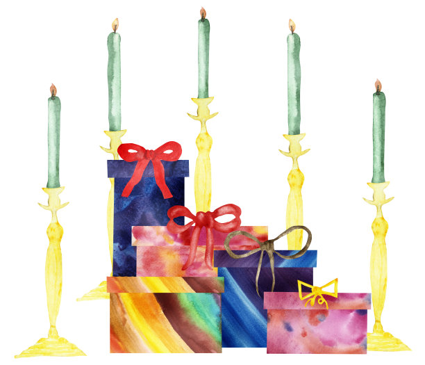 用水彩手绘的节日庆祝构图，五个金色的烛台和带有火焰的绿色蜡烛，不同的彩色礼盒设置在中间用于圣诞明信片图片下载