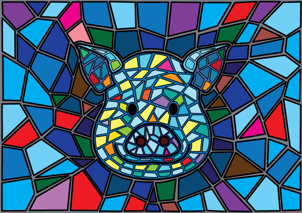 猪彩色玻璃马赛克模糊背景插图矢量图片下载