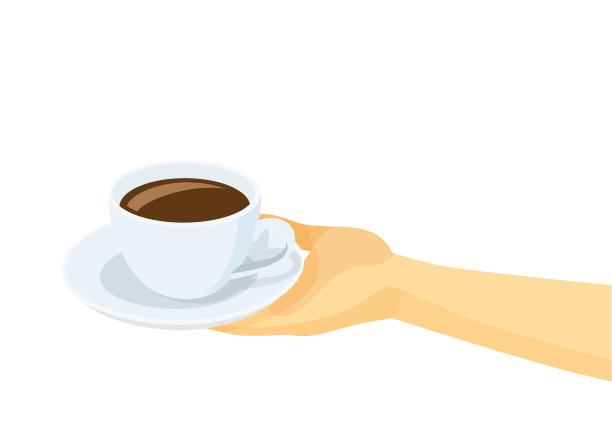 咖啡杯白色的托盘上盘在人的手在白色的背景上的插图向量图片下载