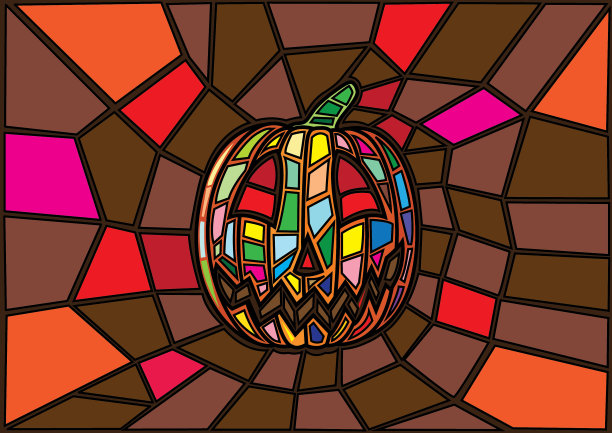 万圣节插图向量装饰南瓜彩色玻璃摩西风格图片下载