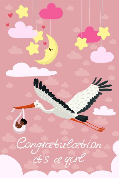 粉红色贺卡的女孩的到来。一只鹳叼着一只装着可爱的黑色小孩的袋子。向量的明信片。图片下载